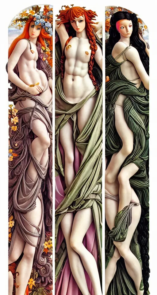 Image similar to 12 figures, representing the 4 seasons, (Spring, Summer, Autumn and Winter), in a mixed style of Botticelli and Æon Flux!!, inspired by pre-raphaelite paintings, shoujo manga, and cyberpunk!, stunningly detailed, elaborate inking lines, pastel colors, 4K photorealistic