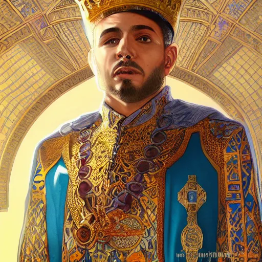 Image similar to clear portrait of king of morocco having a rap battle, cottagecore!!, detroit hood background hyper detailed, character concept, full body, dynamic pose, elegant, intricate, highly detailed, digital painting, artstation, concept art, smooth, sharp focus, illustration, art by artgerm and greg rutkowski and alphonse mucha