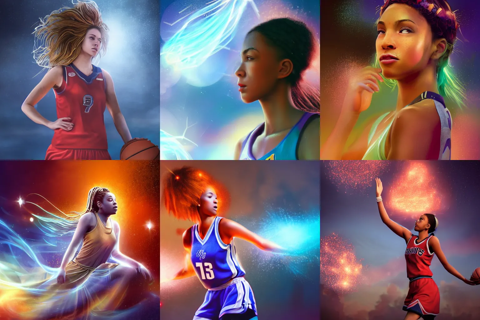 Prompt: a beautiful female goddess of the basketball character, character is in all its glory, character is in her natural relaxed pose, rim lights, particles and dust in the air, fancy clouds, highly detailed professional photo, dynamic lights, particles are flying, depth of field, trending on artstation, professional illustration, hyper realistic, vray caustics, super detailed, colorful accents, cinematic shot