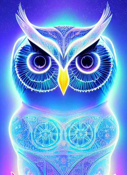 Image similar to symmetry!! product render poster vivid colors divine proportion owl, ice and snow, glowing fog intricate, elegant, highly detailed, digital painting, artstation, concept art, smooth, sharp focus, illustration,