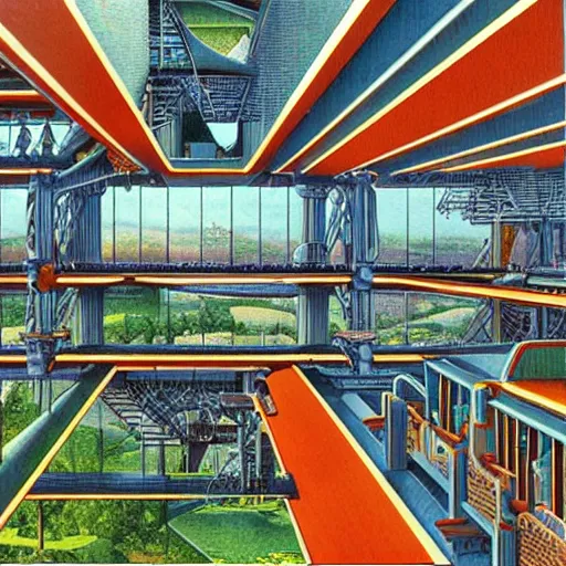 Image similar to a marvel of engineering, full color, realistic, escher, environmental, architectural, bright