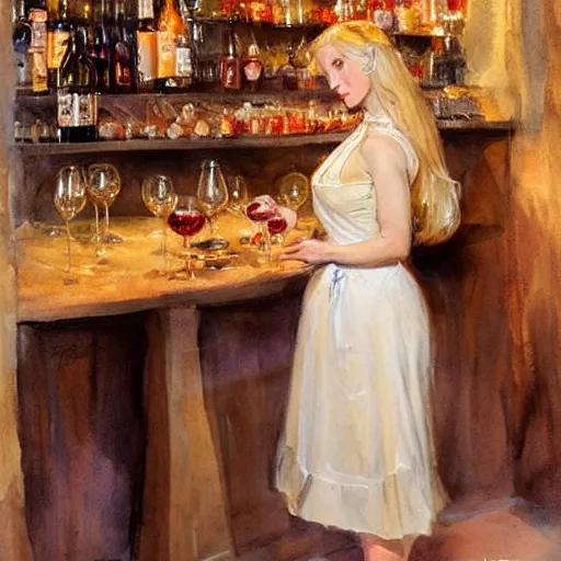 Image similar to beautiful blonde in hot dress in a wine cellar, food, pork, beer, schnapps, rustic, traditional, torches on the wall, watercolor by vladimir volegov and anders zorn, highly detailed, masterpiece