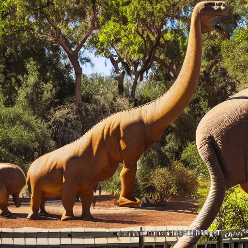 Image similar to photograph of a real brontosaurus exhibit at san diego zoo, tourists in background, bokeh, high definition, slr, golden hour, 4 k