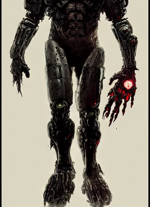 Image similar to robert englund as victor stone, full body concept, cyborg, borg, strogg, face of a man, terminator, flesh, quake strogg, doom demon, wolfenstein, monstrous, powerful, symmetry, symmetrical, concept art by ruan jia and greg rutkowski