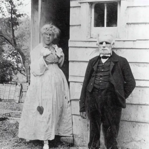 Prompt: 1800s photo of a deformed, white-haired, unattractive albino woman of thirty-five, and an 80 year old man, posing in front of an old victorian farmhouse --ar 3:2