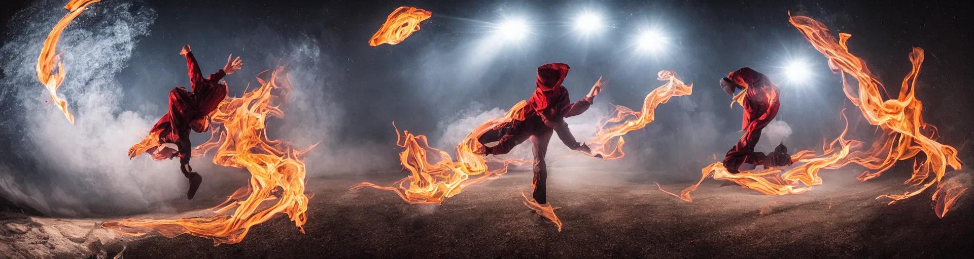 Image similar to fisheye slow motion with trail fire effect of break dancer wearing long dark cloak, Giant A letter emitting fire, long exposure shot , enigmatic, at night in the middle of the arctic, paddle of water, steam, fog, water splashes, rim lights, glossy reflections, water droplets on lens, octane render, Volumetric dynamic lighting, stunning cover magazine, high details,