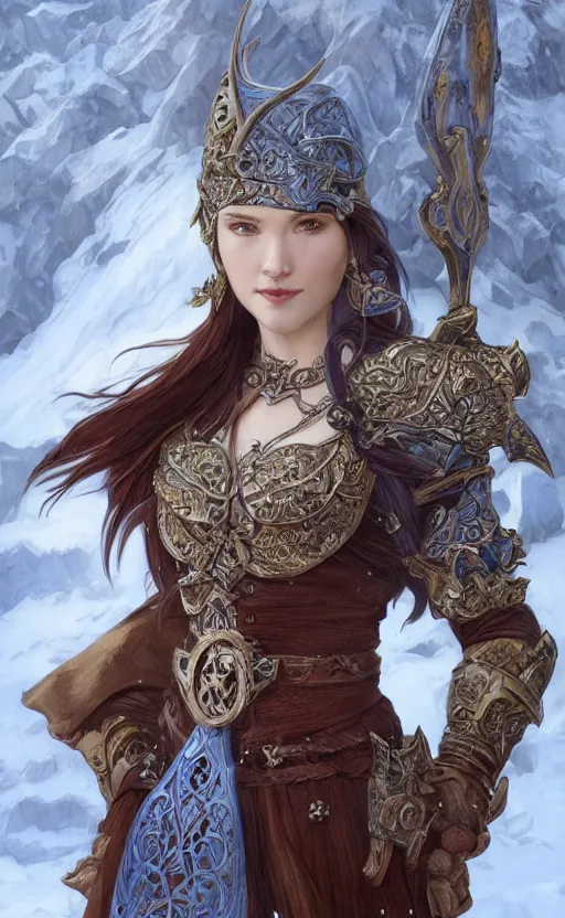 Image similar to azure viking warrior, regal, elegant, winter, snow, beautiful, stunning, hd, illustration, epic, d & d, fantasy, intricate, elegant, highly detailed, wide angle, digital painting, artstation, concept art, smooth, sharp focus, illustration, wallpaper, art by artgerm and greg rutkowski and alphonse mucha and jin xiaodi