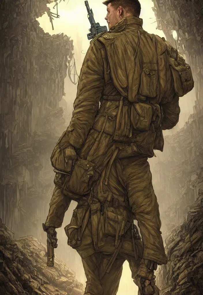 Prompt: comic book cover of soldier in trench coat, back facing the camera on a old wooden bridge looking up at crystal temple, highly detailed, professional digital painting, Unreal Engine 5, illustration, HD quality, 8k resolution, cinema 4d, 3D, cinematic, professional photography, art by artgerm and greg rutkowski and alphonse mucha and loish and WLOP