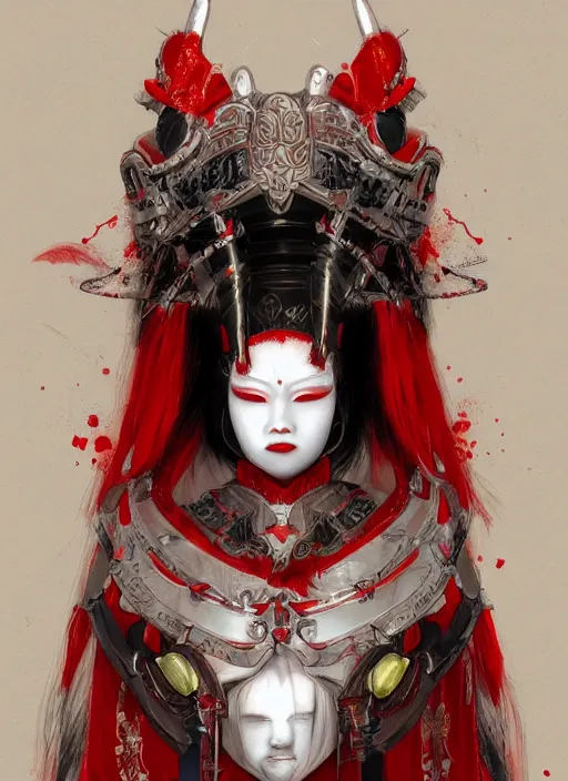 Image similar to albino maiko in a ornated armor war paint, fluent composition, red and white neon, concept art, ambient light, 4 k, intricate details, highly professionally detailed, cgsociety, highly detailed -