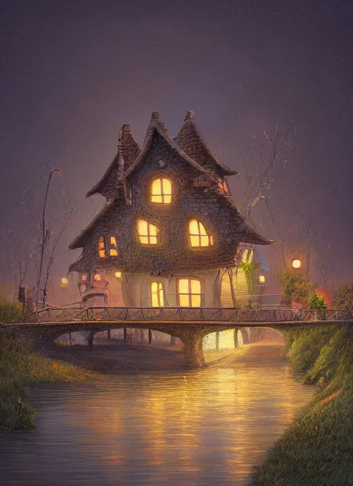 Prompt: painting of a house by a bridge over river at night, a storybook illustration by gediminas pranckevicius, featured on artstation, fantasy art, storybook illustration, artstation hq, atmospheric