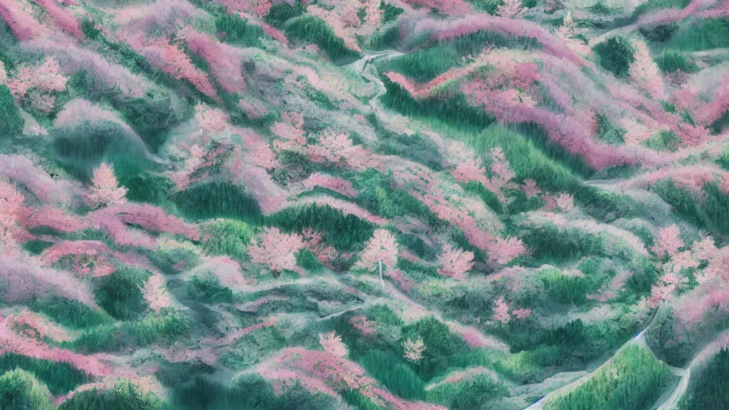 Image similar to a mountainside landscape with sakura trees, japan, a collage painting, in the style of wes anderson, lola dupre, david hockney, isolated on negative white space background dark monochrome neon spraypaint accents volumetric octane render