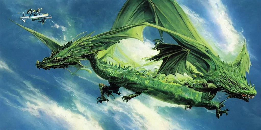 Prompt: a green fire breathing dragon wrapping its magnificent wings around earth in space, john berkey