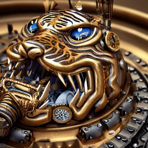 Image similar to A steampunk roaring tiger head made from ornate engraved full plate armor and watch gears and several jewels, macro shot by Justin Gerard, unreal engine, detailed, intricate, physically based rendering