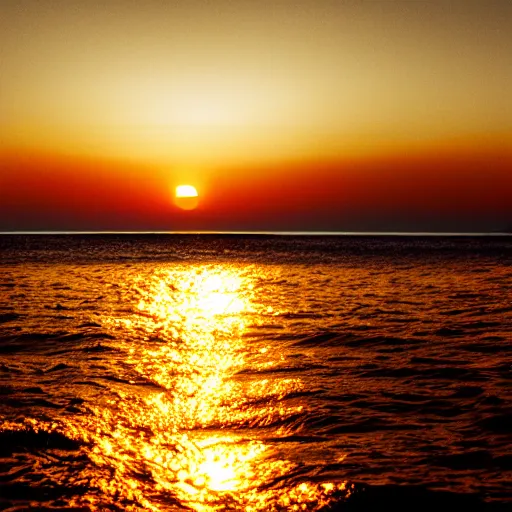 Image similar to sunset on the ocean, black sky, sky is black, sun setting in a dark sky, water is golden, gold ocean, sunset with dark sky and gold water