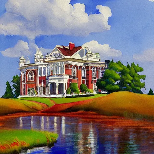 Prompt: a beautiful painting of a mansion in the serene landscape by Adam Paquette