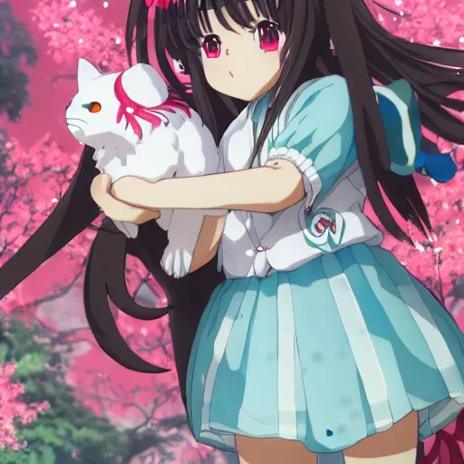 Image similar to anime key visual of a moe character girl, is petting a white ragdoll cat. from sanrio gensokyo as a moe anime girl, 4 k, hd, pixiv, wallpaper, official media | sanrio glitchcore yokai girl, shadowverse character concept, found footage horror, glitter gif