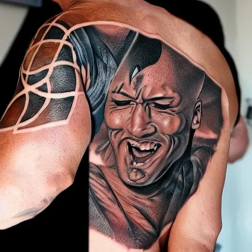 Image similar to tattoo of anime dwayne the rock Johnson on arm back