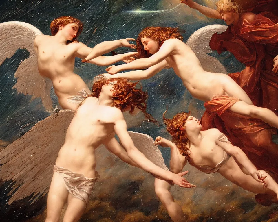 Prompt: angel falling into andromeda, very high resolution images, very fine details, very realistic looking, rennaissance style painting, with shots of the world's most famous classical painters