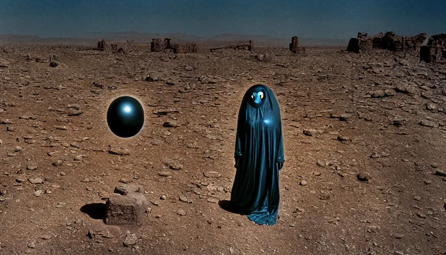 Prompt: levitating group of bene gesserit reflecting mask in a dry rocky desert landscape, alien city ruins designed by giger, giant abandoned alien city by christopher doyle and alejandro jodorowsky, anamorphic lens, kodakchrome, cinematic composition, very detailed photo, 8 k