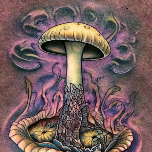 Image similar to mushroom in decay, tattoo art, japanese, color restoration, vortex, highly detailed,