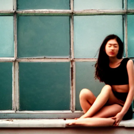 Prompt: girl in a crop top sitting on a window, cinestill 8 0 0 t