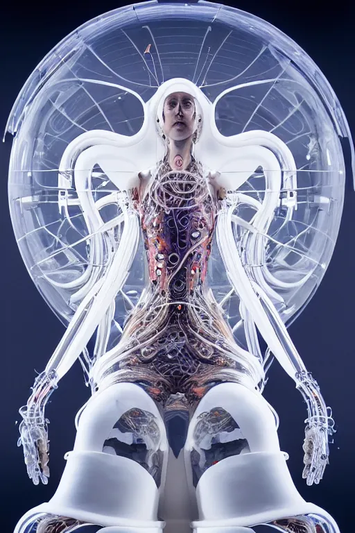 Prompt: background space station, baroque inflateble dress iris van herpen positing on floor, white helmet on face, perfect symmetrical, full body shot, inflateble shapes, wires, tubes, veins, jellyfish, white biomechanical details, wearing epic bionic implants, masterpiece, intricate, biopunk, vogue, highly detailed, artstation, concept art