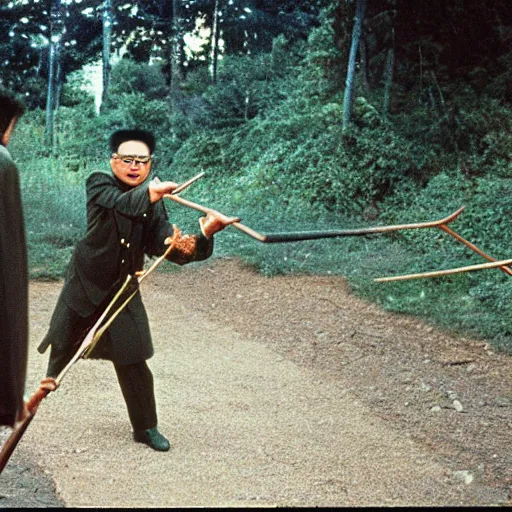 Image similar to filmstill of Kim Jong-il wearing a bandana on his forehead and aiming with a bow in the role of John Rambo, cinemascope, Eastman Color Negative 50T 5251 Neg. Film