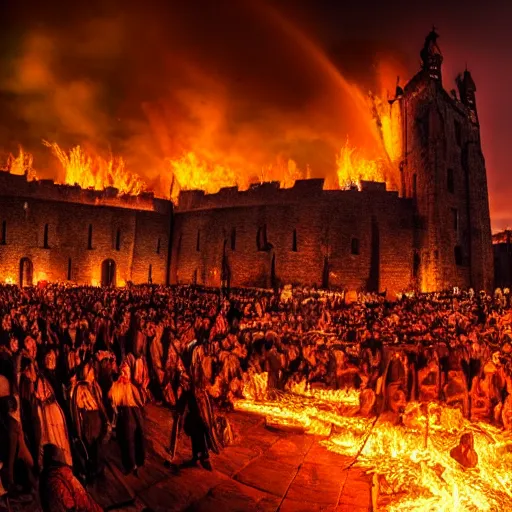 Image similar to a medieval city, plague, glowing fire, many people, wide angle