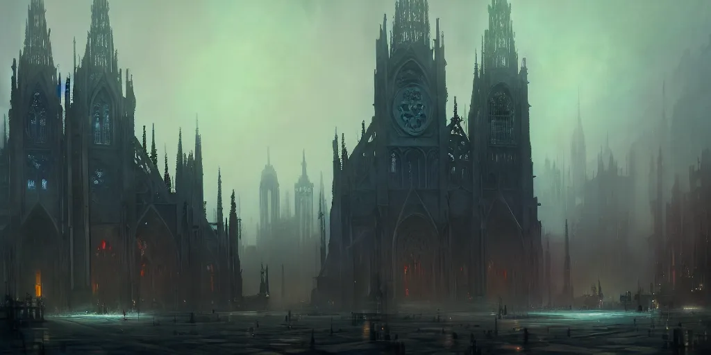 Image similar to a gothic cathedral standing in the middle of a city, extremely detailed digital painting, in the style of fenghua zhong and ruan jia and jeremy lipking and peter mohrbacher, mystical colors, rim light, beautiful lighting, 8 k, stunning scene, raytracing, octane, trending on artstation