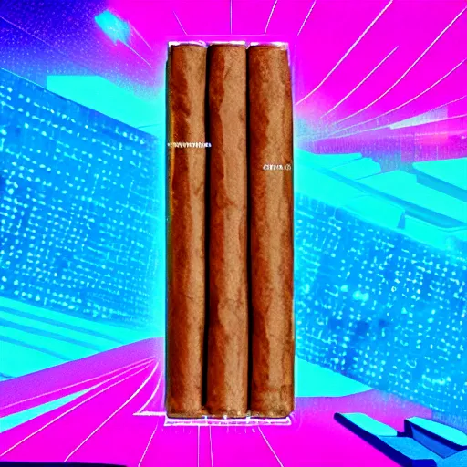 Image similar to A synthwave cigar inspired by Tron, Trending on Artstation, Digital screenshot,. Faded film grain, 1980s Computer Graphics,