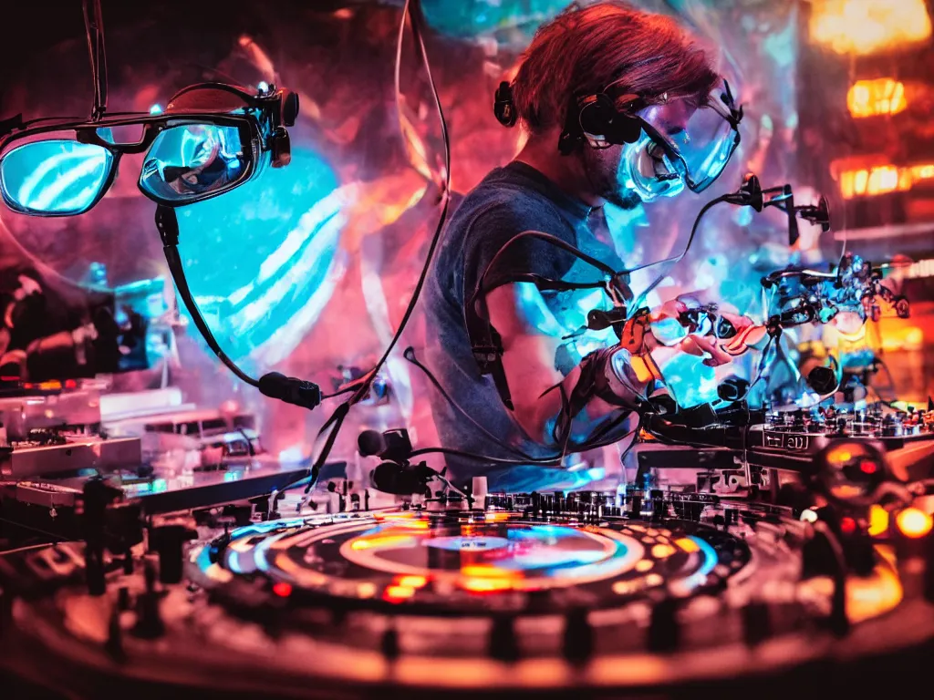 Prompt: a person wearing goggles and visor and headphones using a complex record player contraption, wires and tubes, turntablism dj scratching, intricate planetary gears, cinematic, imax, sharp focus, leds, bokeh, iridescent, black light, fog machine, hazy, lasers, color splash, cyberpunk