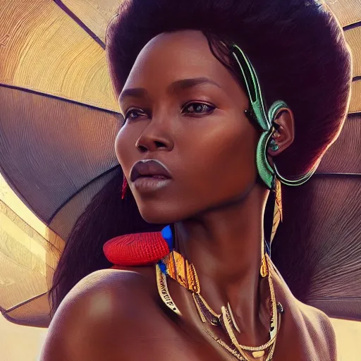 Prompt: ultra realistic illustration, portrait of a beautiful maasai woman, with futuristic shades, intricate, elegant, highly detailed, digital painting, artstation, concept art, smooth, sharp focus, illustration, art by artgerm and greg rutkowski and alphonse mucha