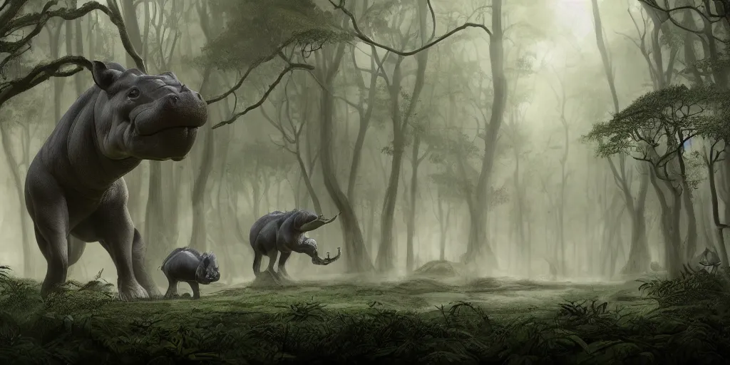 Prompt: a highly detailed matte painting of a new animal inspired by a baluchitherium and a hippopotamus in a forest, ominous, foreboding, dark, trending on artstation,