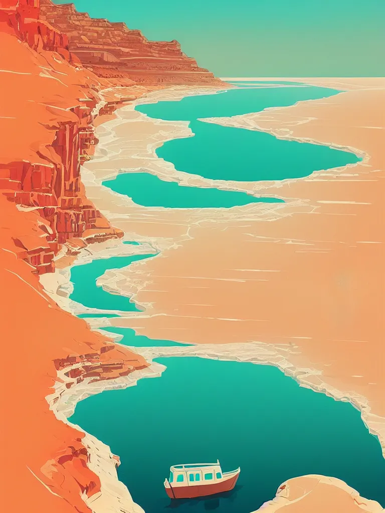 Image similar to a travel poster illustration depicting the dead sea, vintage style, white architecture, digital painting, vector art, trending on artstration, by anton fadeev, by alena aenami