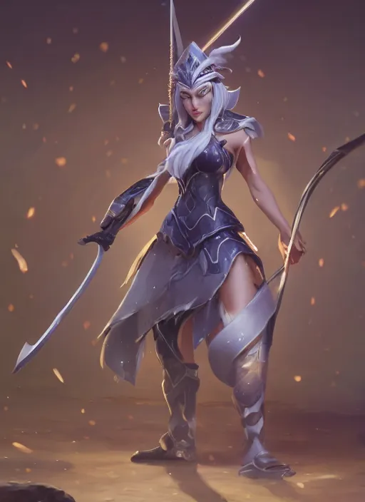 Image similar to ashe, from league of legends, shooting arrows with a silver bow, wearing fluffy skin, long skirt, hyper detailed, digital art, trending in artstation, cinematic lighting, studio quality, zoom in, smooth render, unreal engine 5 rendered, octane rendered, art style by klimt and nixeu and ian sprigger and wlop and krenz cushart