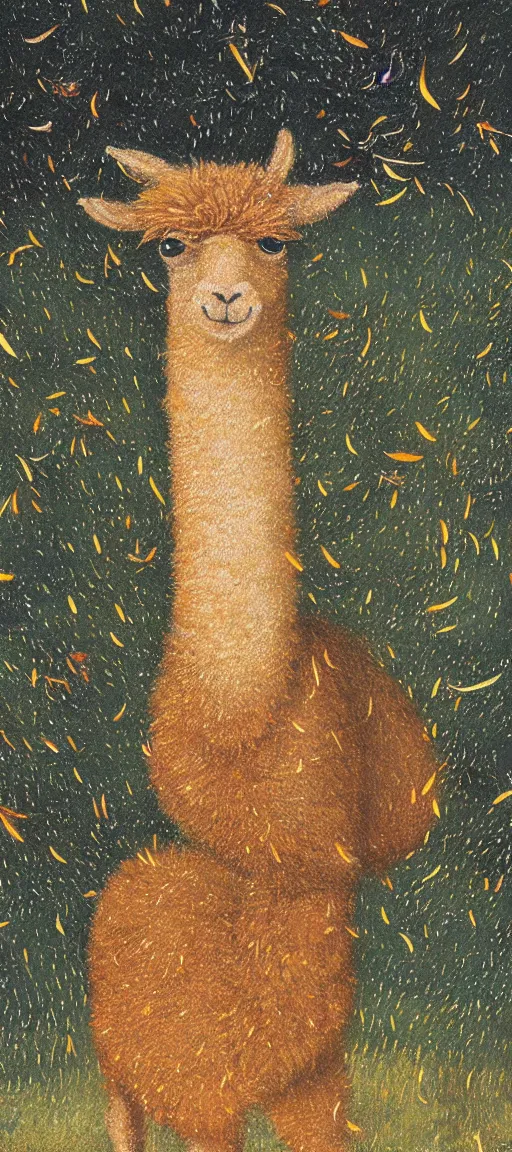 Prompt: detailed medieval oil painting of an alpaca in the forest of pastel feathers lit by small fireflies at night