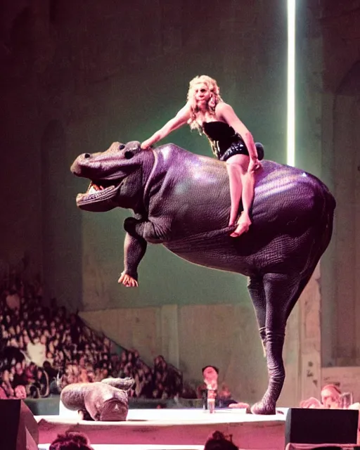 Image similar to photograph of Madonna Ciconne riding a Hippo during a concert performance