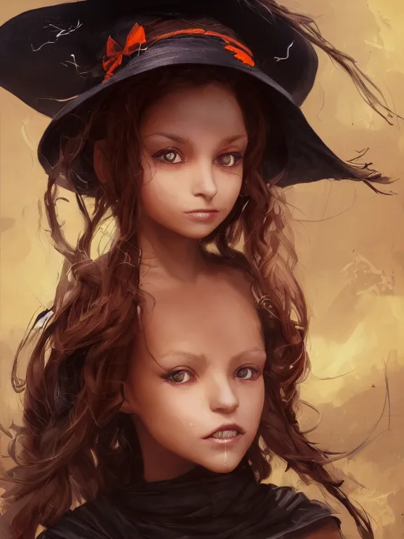 Prompt: Full shot of a cute mischievous young witch about to get up to some trouble. Latin American fashion. Black and Orange palette. Latina girl. brown skin. Symmetrical facial features. By Ruan Jia and Artgerm and Range Murata and WLOP. Key Art. Fantasy Illustration. award winning, Artstation, intricate details, realistic, Hyperdetailed, 8k resolution.