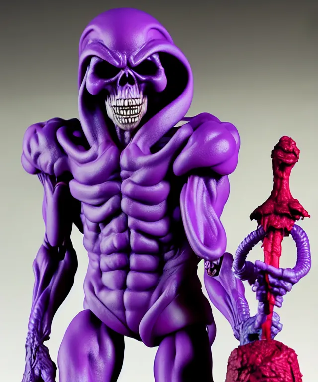 Image similar to hyperrealistic rendering, skeletor, by art of skinner and richard corben and jeff easley, product photography, action figure, sofubi, studio lighting, colored gels