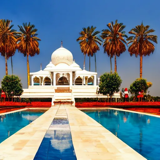 Prompt: a large white indian temple with a long pool of water in front of it, a detailed matte painting by sardar sobha singh, shutterstock contest winner, cloisonnism, creative commons attribution, photo taken with ektachrome, global illumination