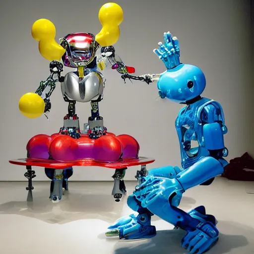 Prompt: single crazy melting plastic toy Pop Figure Robot monster, in a Studio hollow, by jeff koons, by david lachapelle
