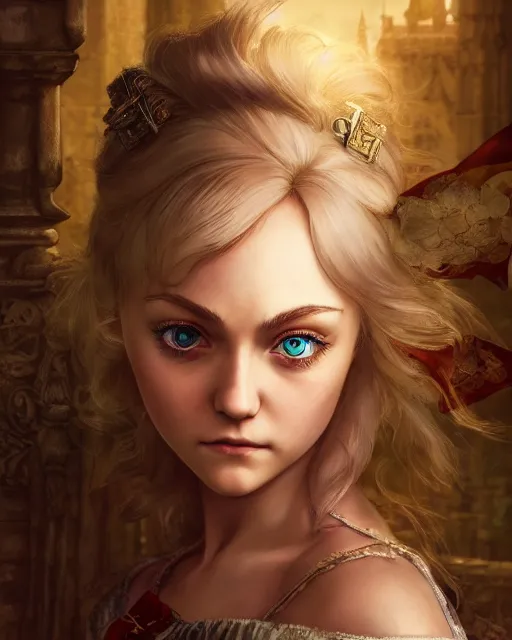 Prompt: character portrait of maidenly annasophia robb with gorgeous detailed eyes in a castle, color page, tankoban, 4 k, tone mapping, doll, akihiko yoshida, james jean andrei riabovitchev marc simonetti, yoshitaka amano, anime