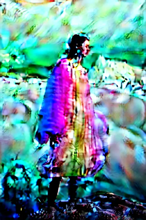 Image similar to high quality pastel coloured film close up wide angle photograph of a model wearing clothing resting on cloud furniture in a icelandic black rock!! environment in a partially haze filled dreamstate world. three point light, rainbow. photographic production. art directed. pastel colours. volumetric clouds. pastel gradient overlay. waves glitch artefacts. extreme facial clarity. 8 k. filmic.