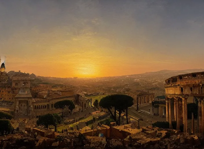 Prompt: A painting of a panoramic view of Rome at sunset, by Greg Rutkowski and James Gurney, trending on Artstation, highly detailed