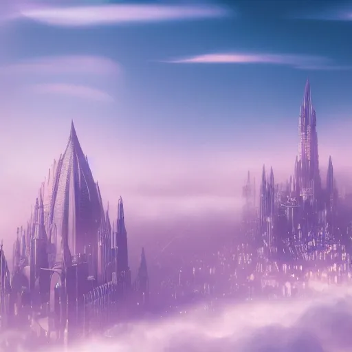 Image similar to pastel, baroque utopian cityscape in the sky, sci-fi, dreamlike, surreal, angels, misty, cinematic, 8k,