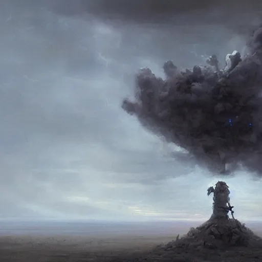 Image similar to Single blue flower growing from a skull on an ashen field, apocalyptik city, clouded sky, oil painting, by Greg Rutkowski