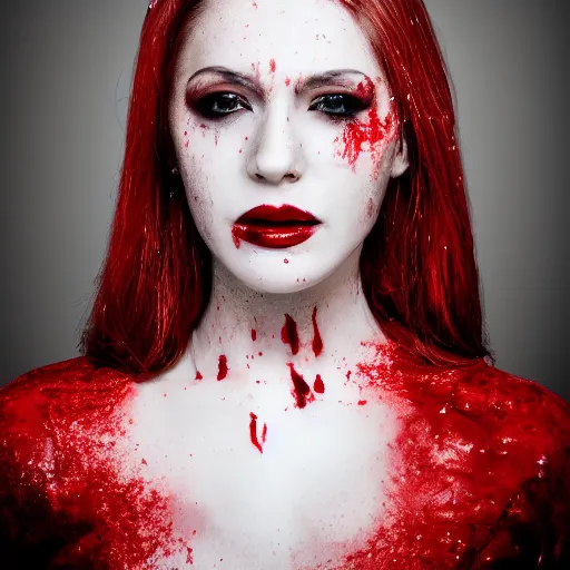 Prompt: professional headshot of an elegant female vampire with droplets of blood splattered across her face. high resolution, professional lighting, nikon camera, 8 k