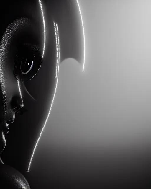 Image similar to black and white high quality photo of a beautiful female cyborg looking into a sci-fi mirror, volumetric lighting, liminal space, brutalism, foggy, dreamy, hyperdetailed, bokeh, photorealistic, cinematic, masterpiece, Metropolis, elegant, dark, octane render, 8K, in the style of H.R. Giger