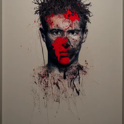 Image similar to matte portrait of a depressed young man covered in dirt and blood, by Antony Micallef by Ashley Wood