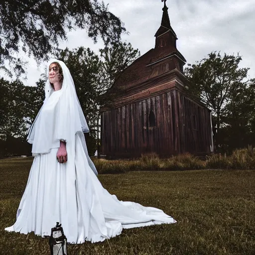 Image similar to picture of ghostly bride in front of an old wooden white church, 1 9 th century southern gothic scene, taken by calatrava, santiago